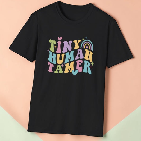 Tiny Human Tamer T-Shirt – Pastel Rainbow Mom T-shirt, Funny Caregiver Tee