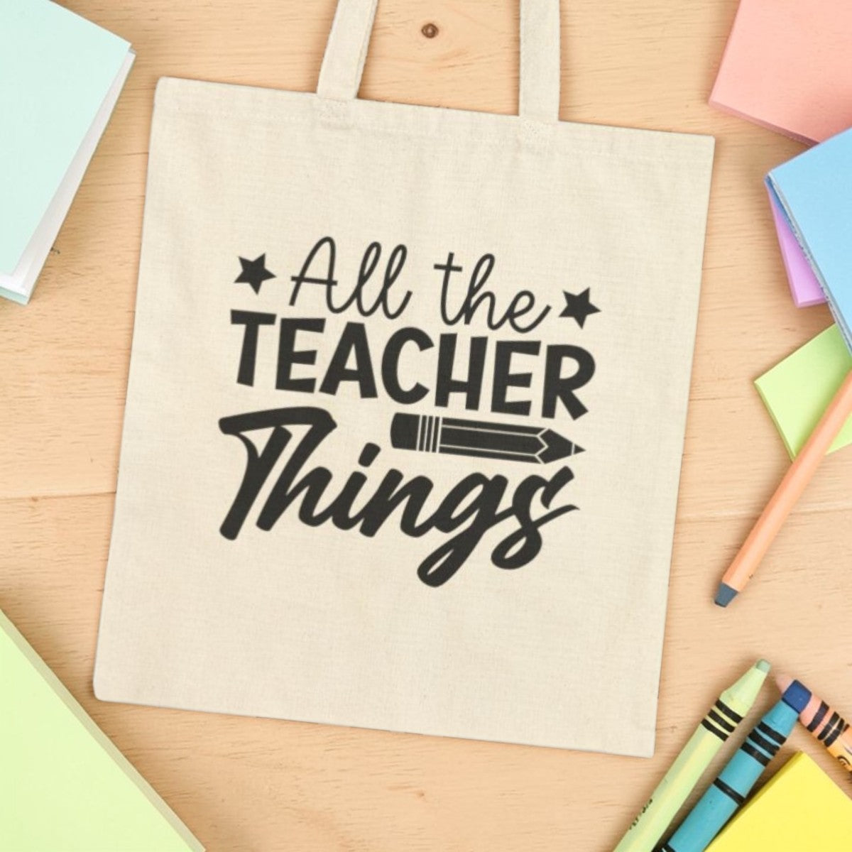 Tote bag with 'All the Teacher Things' text teacher must have