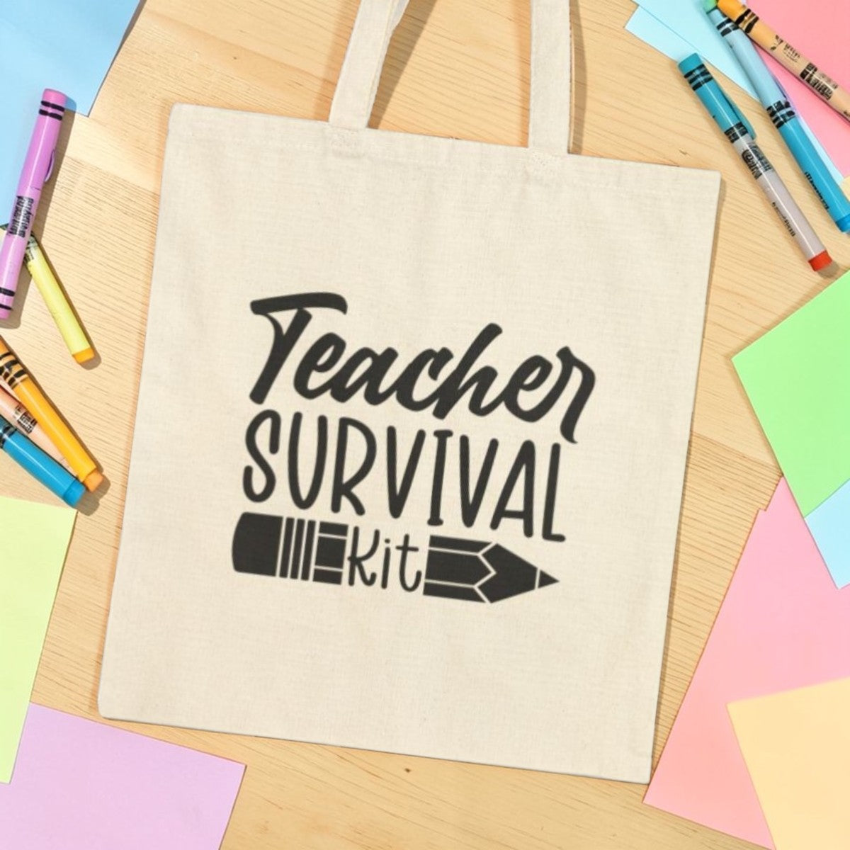 Tote bag with 'Teacher Survival Kit' text teacher life essential