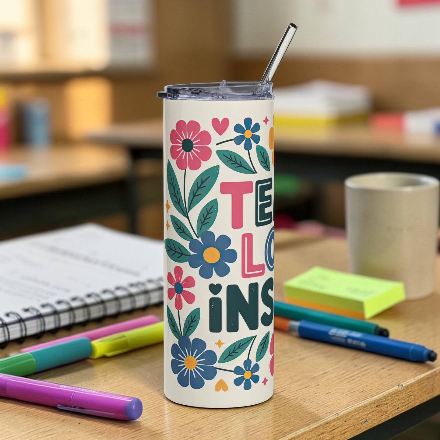Teacher Tumbler 20oz – Teach Love Inspire Floral Stainless Steel Cup | Teacher Gift Travel Mug