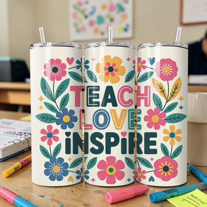 Teacher Tumbler 20oz – Teach Love Inspire Floral Stainless Steel Cup | Teacher Gift Travel Mug