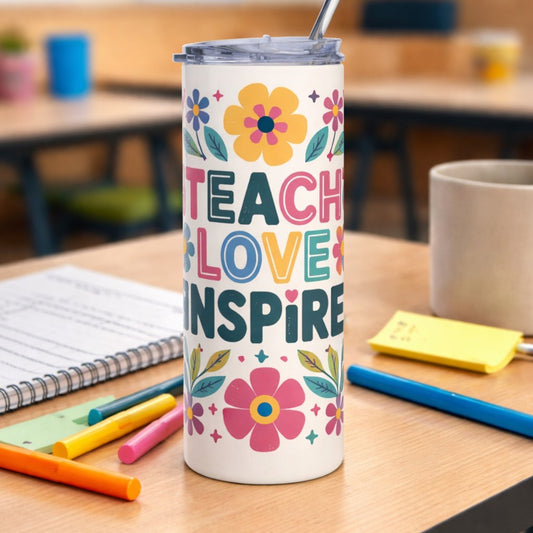 Teacher Tumbler 20oz – Teach Love Inspire Floral Stainless Steel Cup | Teacher Gift Travel Mug