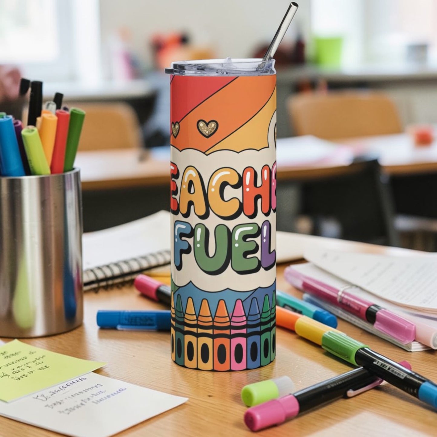 Teacher Fuel Tumbler 20oz – Colorful Crayon Stainless Steel Teacher Cup | Teacher Gift