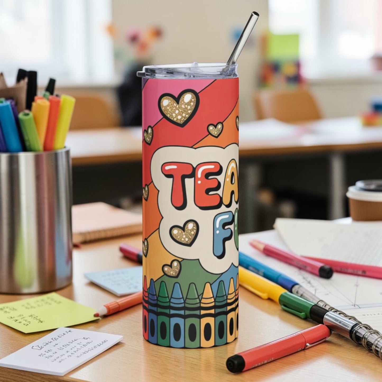 Teacher Fuel Tumbler 20oz – Colorful Crayon Stainless Steel Teacher Cup | Teacher Gift