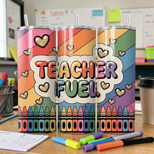Teacher Fuel Tumbler 20oz – Colorful Crayon Stainless Steel Teacher Cup | Teacher Gift