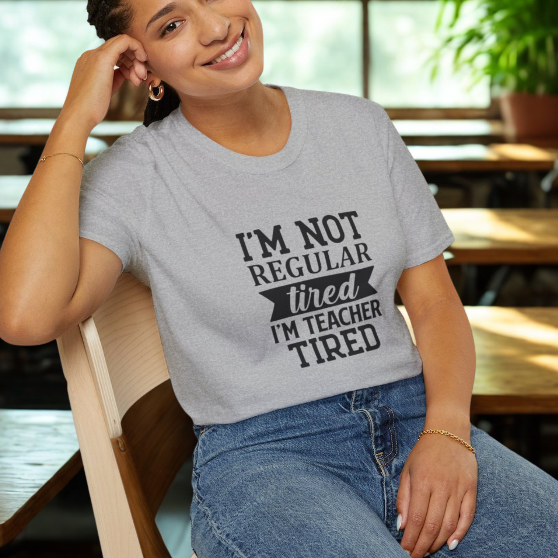 Sport Grey t-shirt with black text 'I'm not regular tired, I'm teacher tired' teacher life