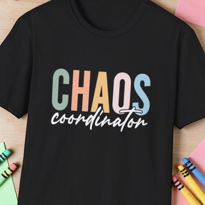 Black t-shirt with colorful 'CHAOS coordinator' text preliminary school teacher gift