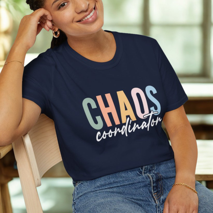 Navy t-shirt with colorful 'CHAOS coordinator' text preliminary school teacher gift