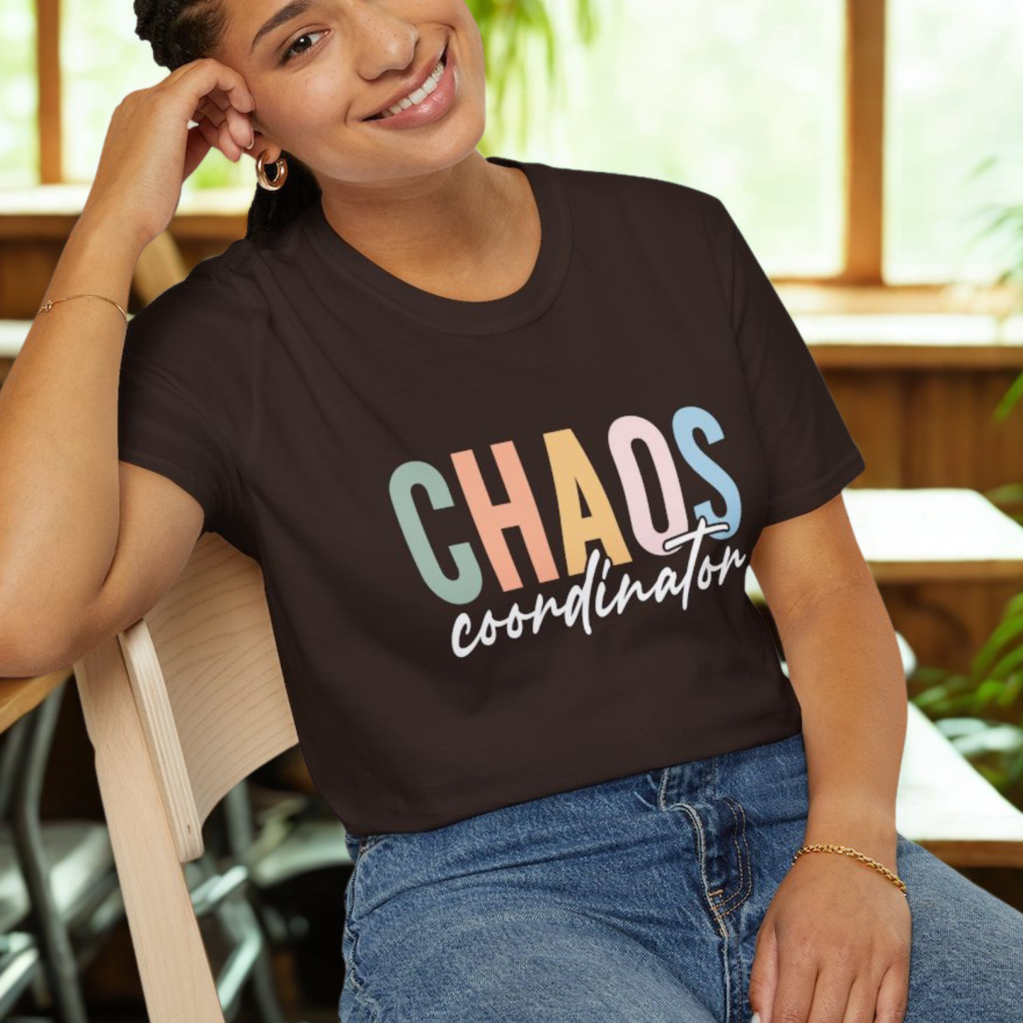Dark Chocolate t-shirt with colorful 'CHAOS coordinator' text preliminary school teacher gift