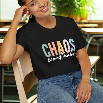 Black t-shirt with colorful 'CHAOS coordinator' text preliminary school teacher gift
