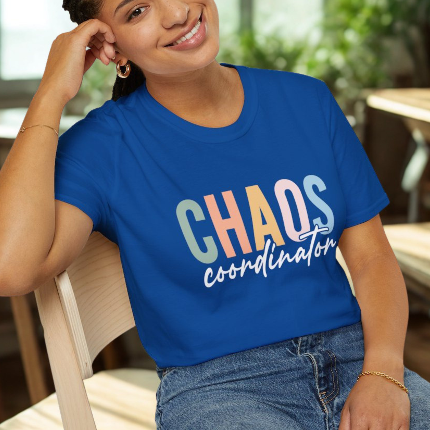 Royal t-shirt with colorful 'CHAOS coordinator' text preliminary school teacher gift