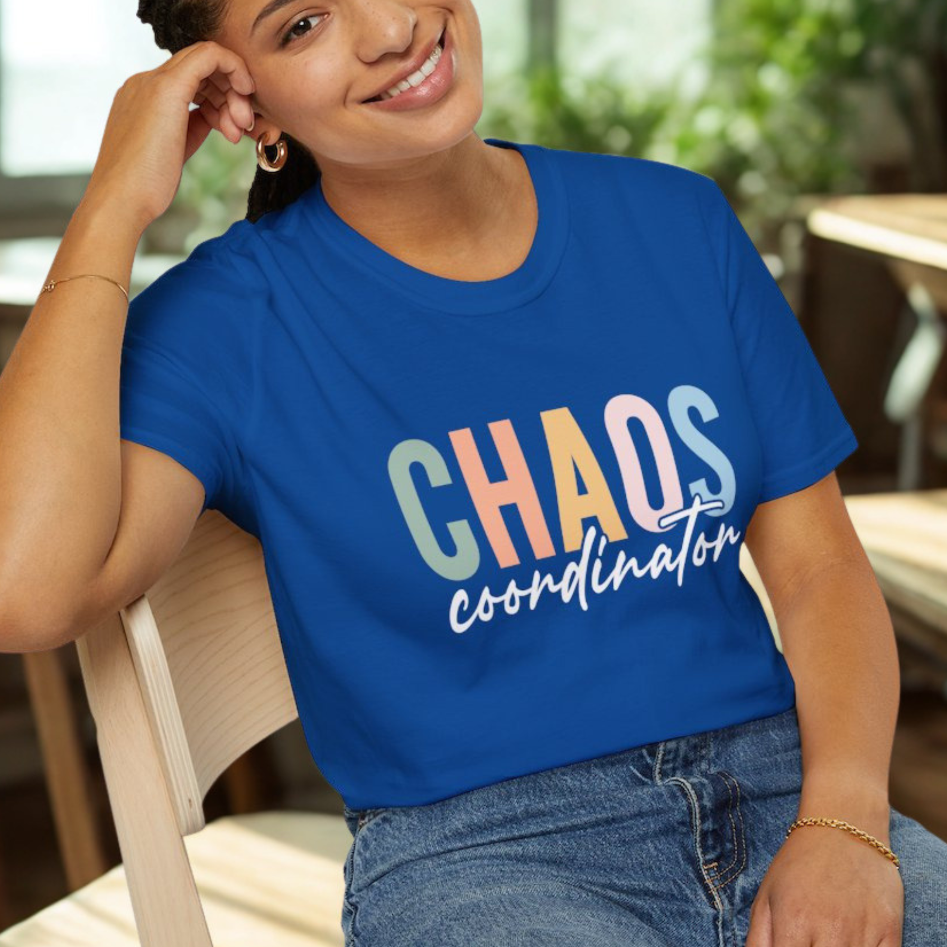 Royal t-shirt with colorful 'CHAOS coordinator' text preliminary school teacher gift