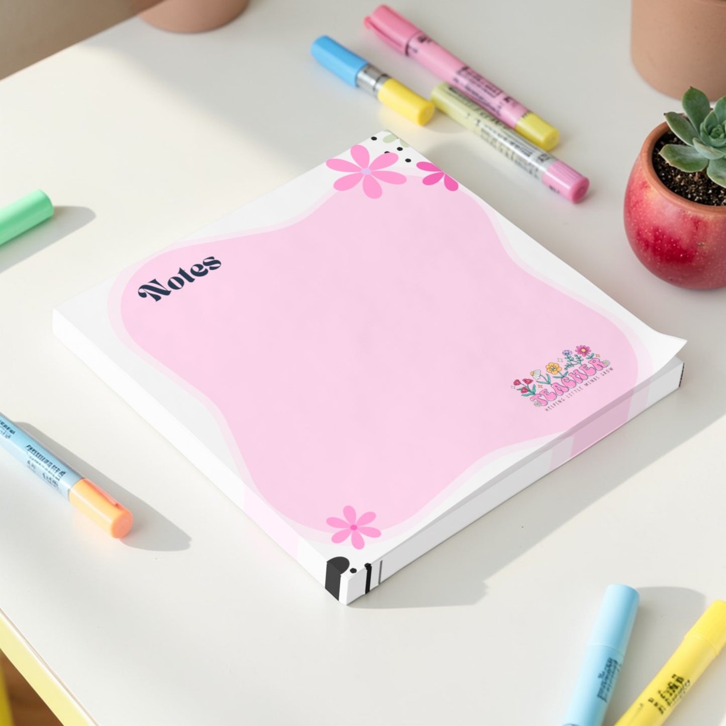 Pink Floral Sticky Notes Pad – Cute Teacher Desk Notes, 3M Adhesive Post-it Style Memo Pad