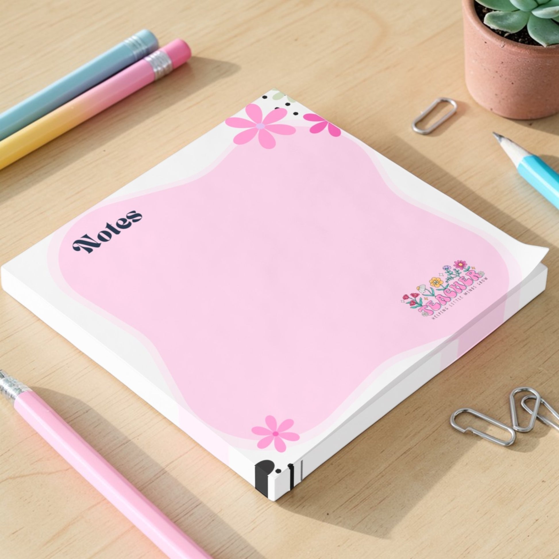 Pink notepad with floral designs teacher desk stationery 