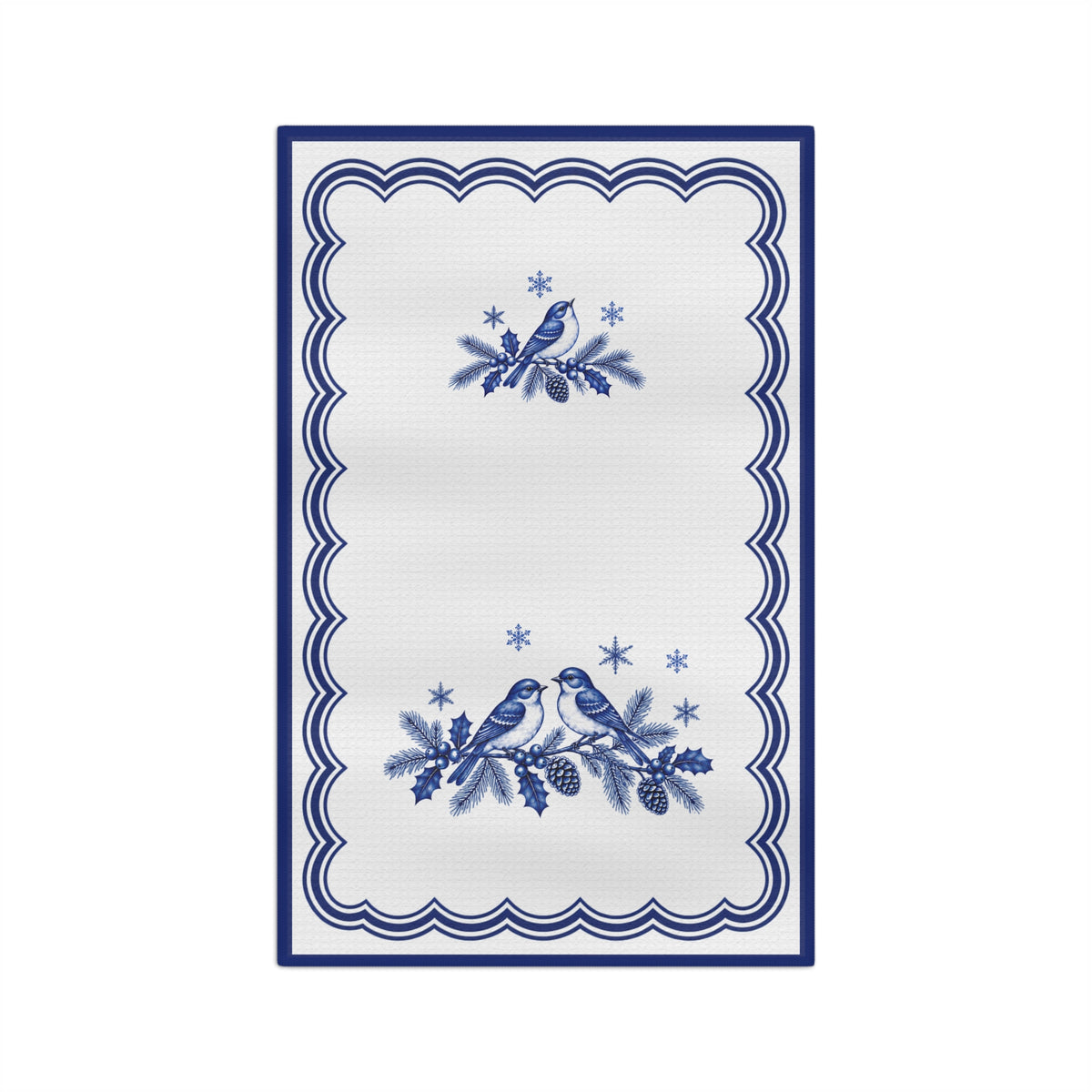 Blue and White Christmas Tea Towel | Winter Bird & Botanical Kitchen Towel