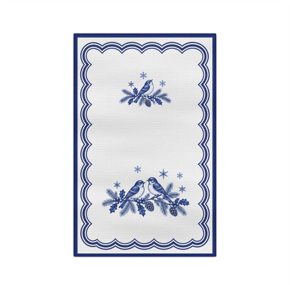 Blue and White Christmas Tea Towel | Winter Bird & Botanical Kitchen Towel