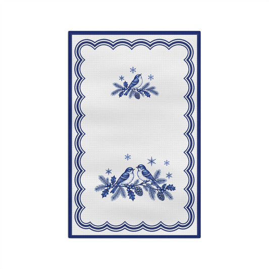 Blue and White Christmas Tea Towel | Winter Bird & Botanical Kitchen Towel