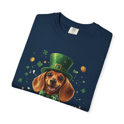 St. Patrick’s Dachshund T-Shirt — Lucky Pup with Shamrocks & Gold