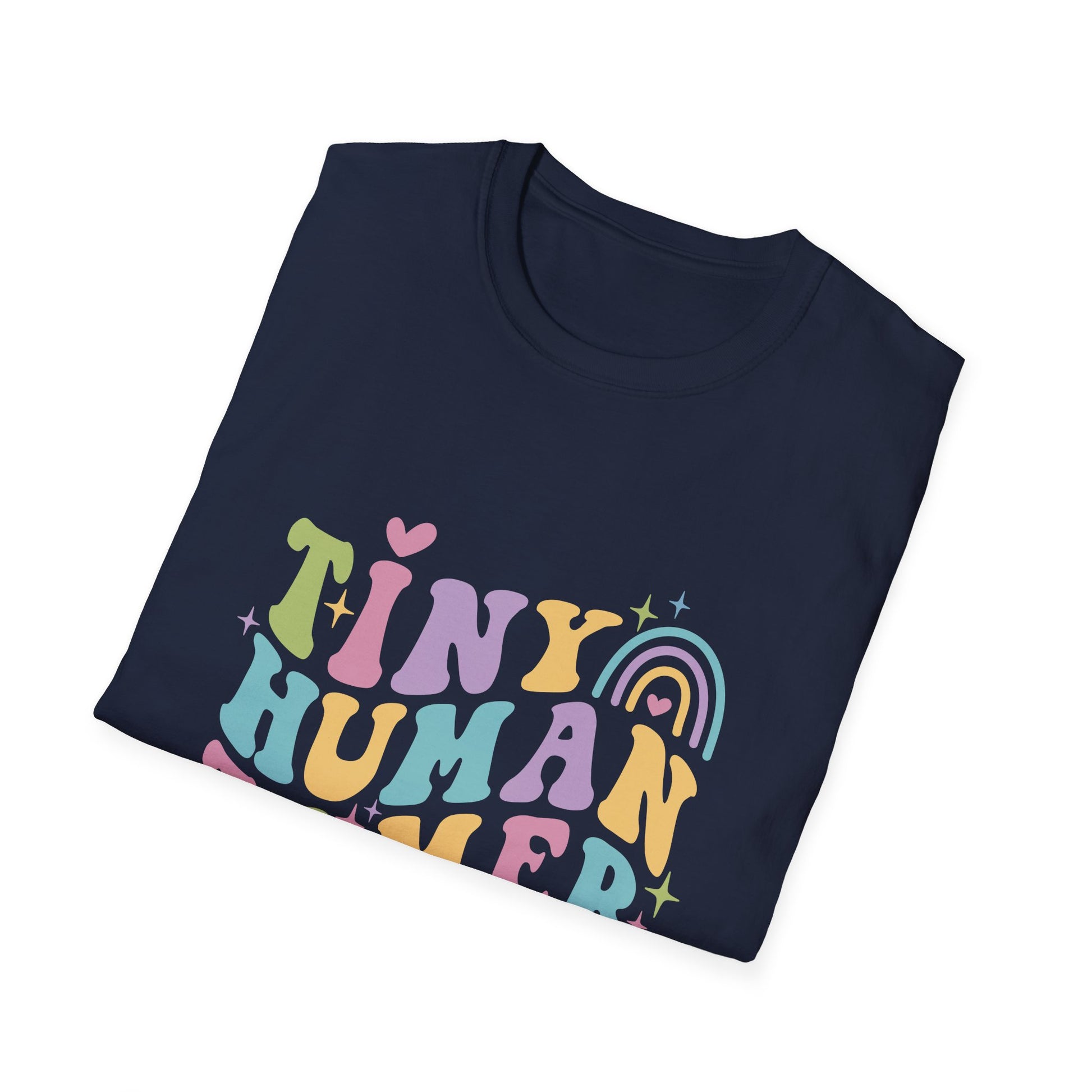 Navy t-shirt with text Tiny Human Tamer gift for Kindergarten teacher