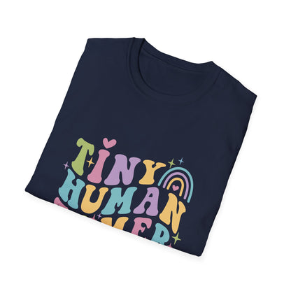 Navy t-shirt with text Tiny Human Tamer gift for Kindergarten teacher