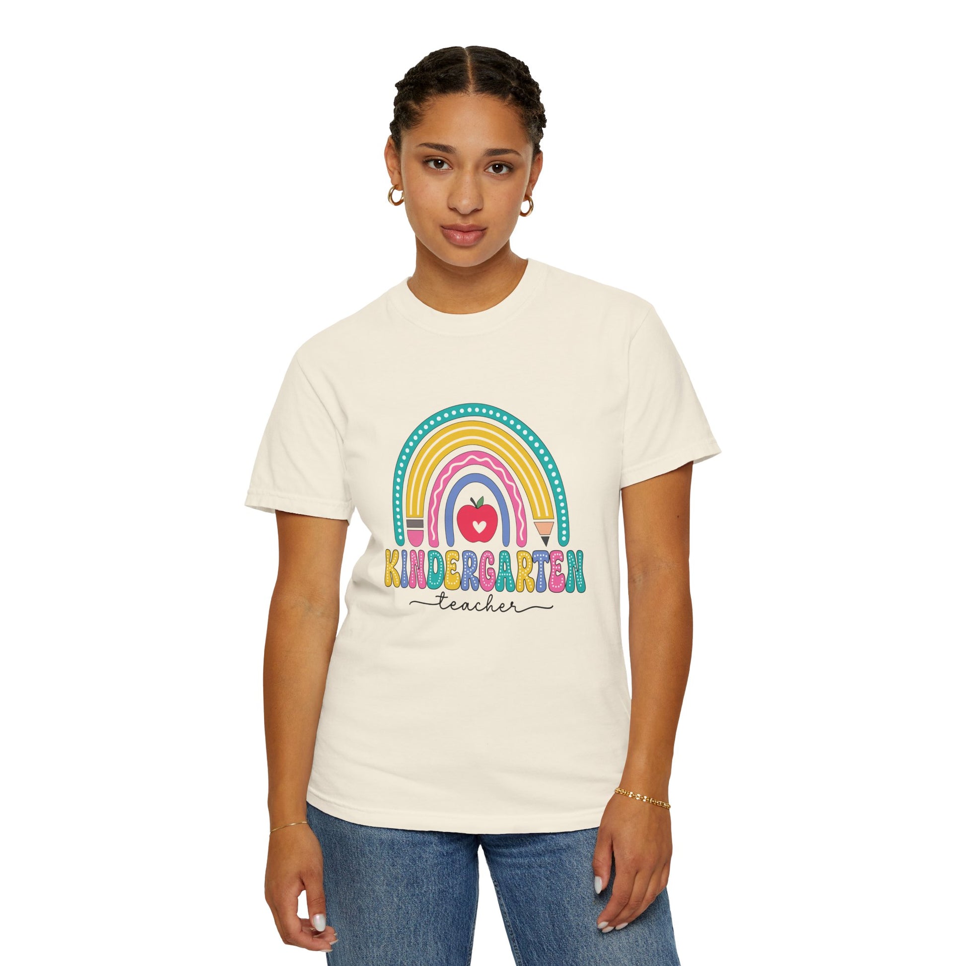 Ivory t-shirt with rainbow, pencil and apple design, labeled 'Kindergarten teacher' ideal gift for teacher appreciation
