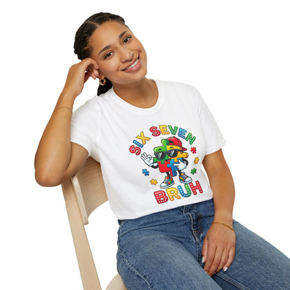 White Autism Awareness t-shirt 6 7 meme style with colorful puzzle character in sunglasses and Six Seven text