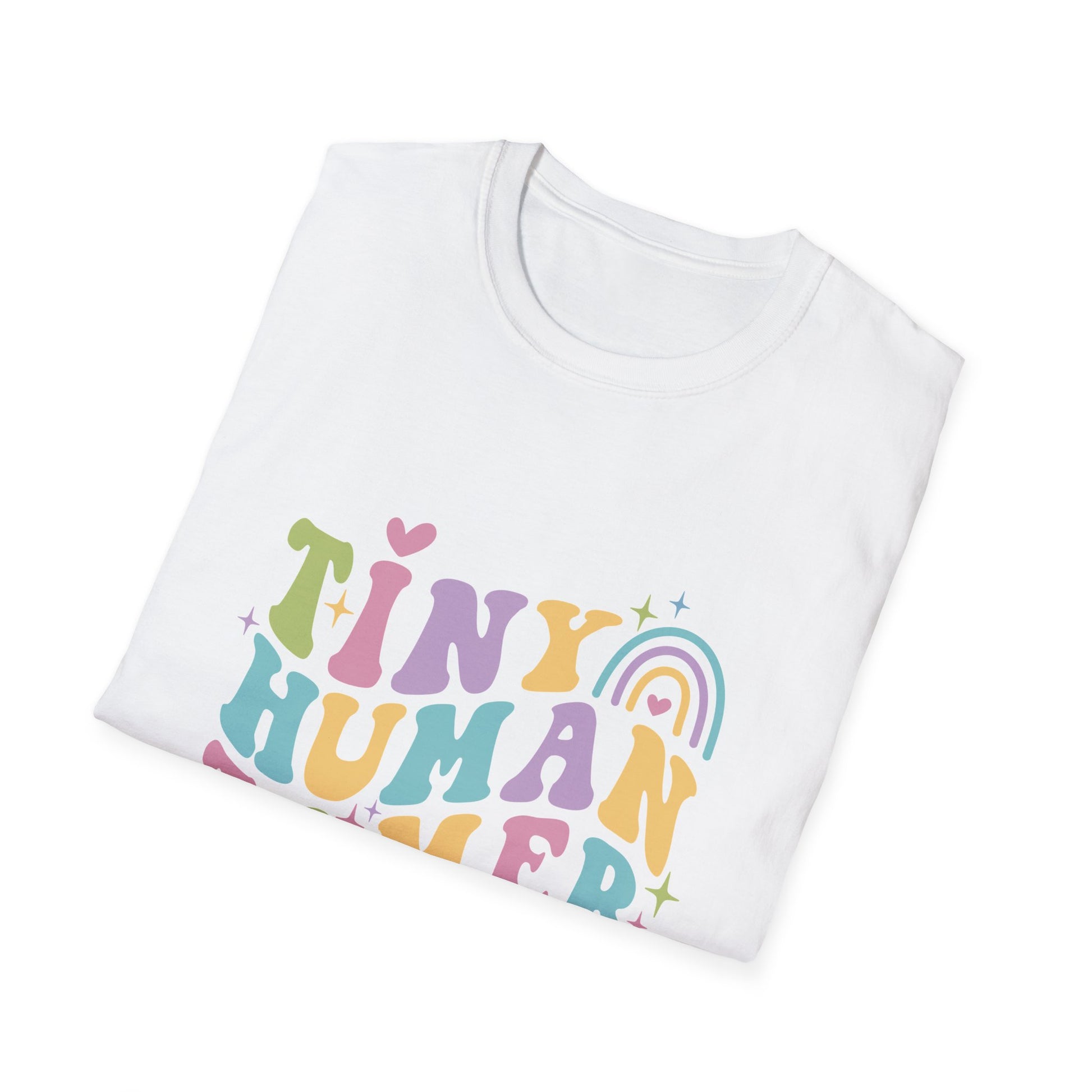 White t-shirt with text Tiny Human Tamer gift for Kindergarten teacher