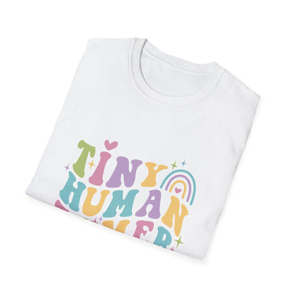 White t-shirt with text Tiny Human Tamer gift for Kindergarten teacher
