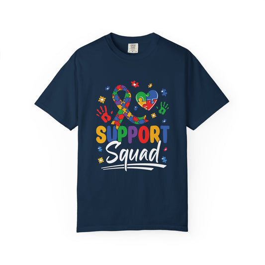 True Navy Autism Support Squad t-shirt with colorful puzzle ribbon and heart