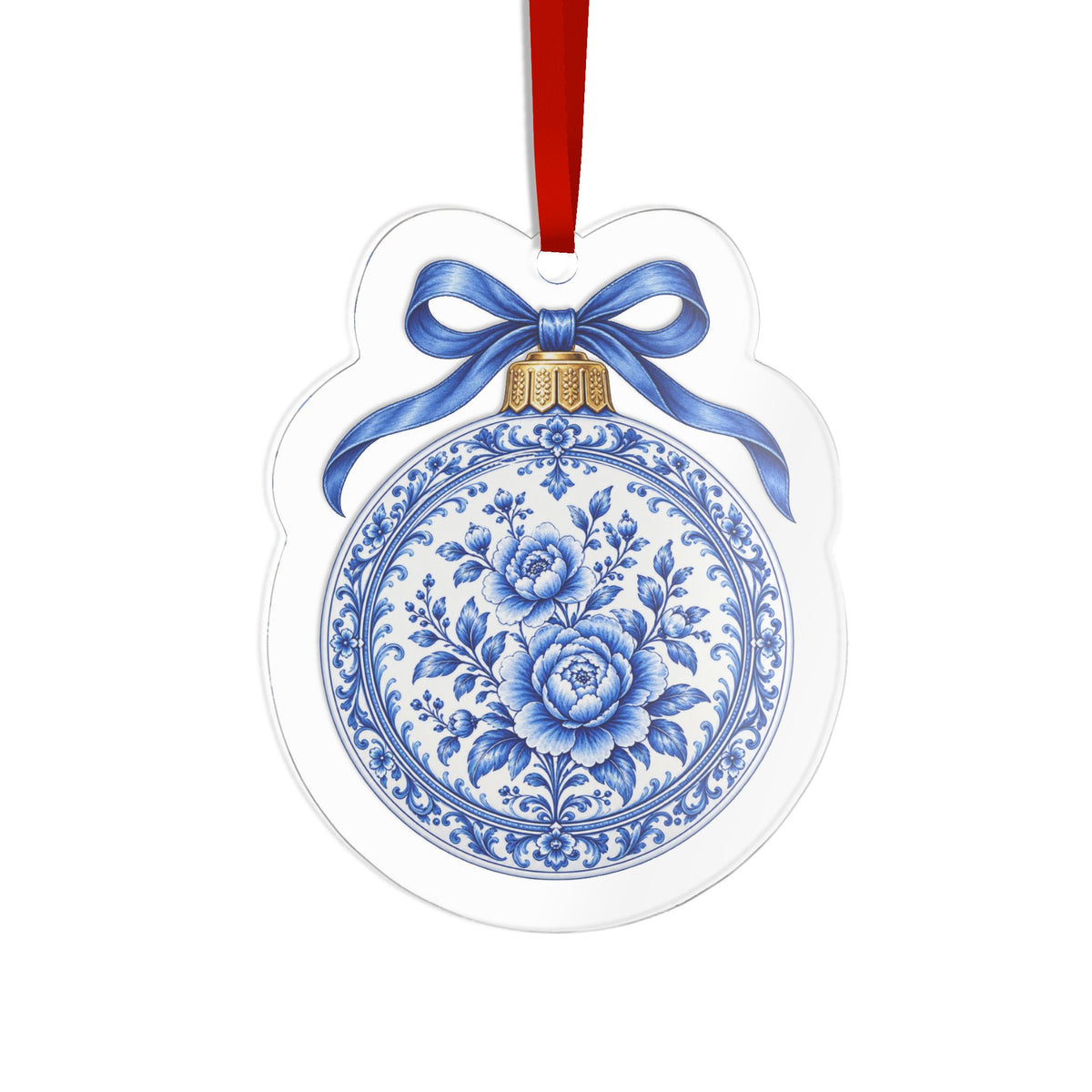 Blue and White Porcelain Christmas Ornament | Floral Acrylic Holiday Decor