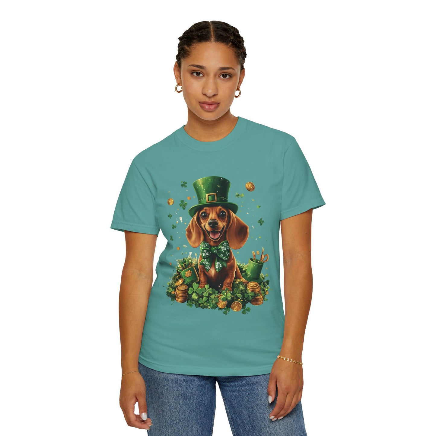 St. Patrick’s Dachshund T-Shirt — Lucky Pup with Shamrocks & Gold
