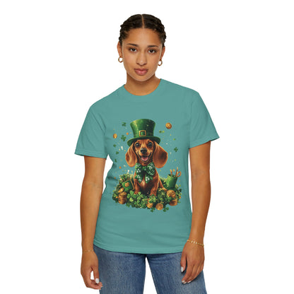St. Patrick’s Dachshund T-Shirt — Lucky Pup with Shamrocks & Gold