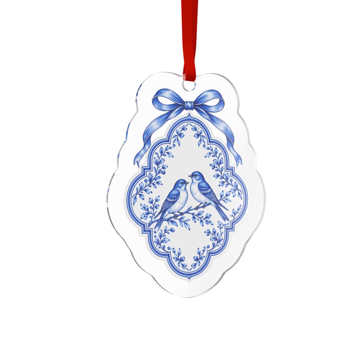 Blue and White Christmas Ornament | Porcelain-Style Bird Acrylic Holiday Ornament