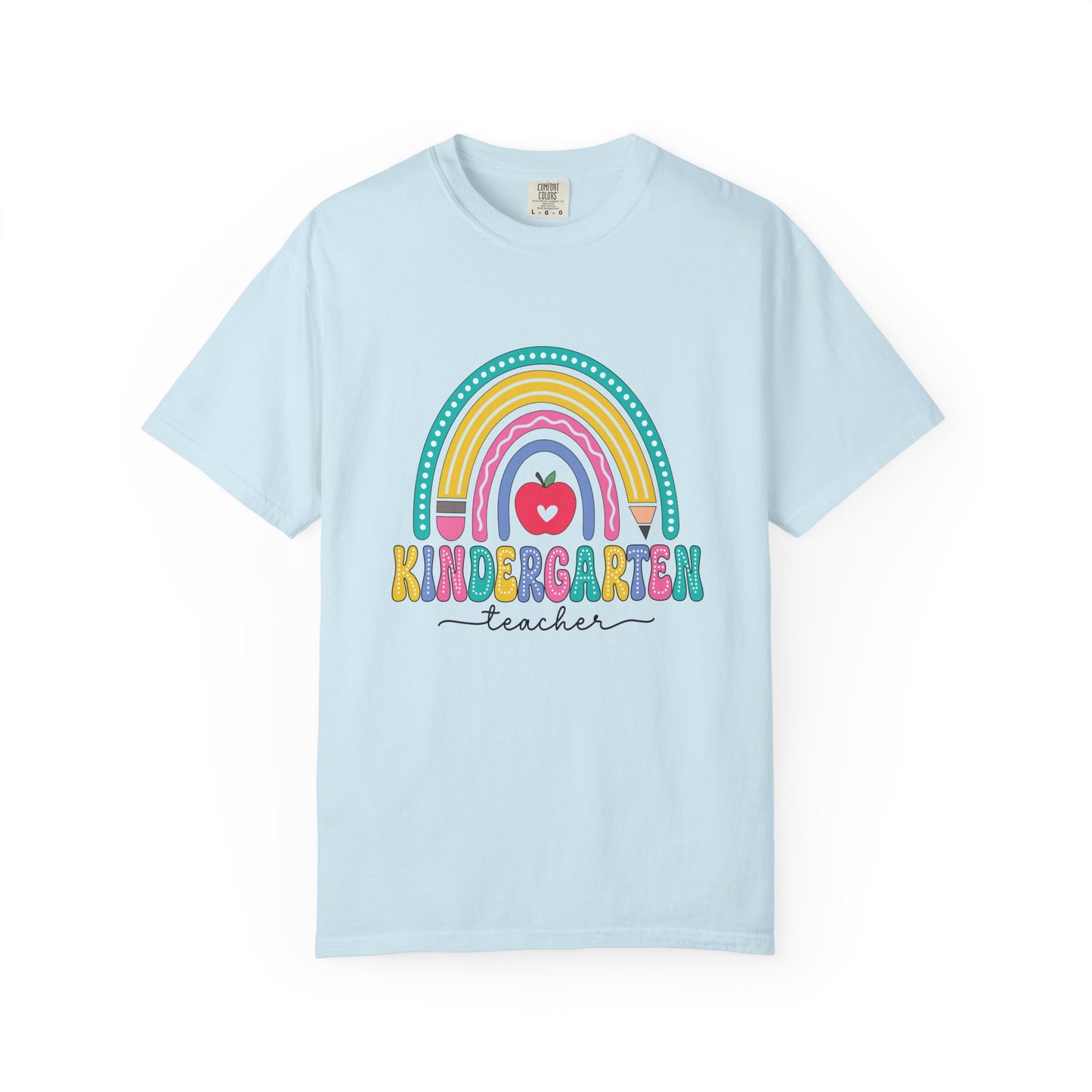 Chambray t-shirt with rainbow, pencil and apple design, labeled 'Kindergarten teacher' ideal gift for teacher appreciation