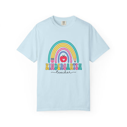 Chambray t-shirt with rainbow, pencil and apple design, labeled 'Kindergarten teacher' ideal gift for teacher appreciation