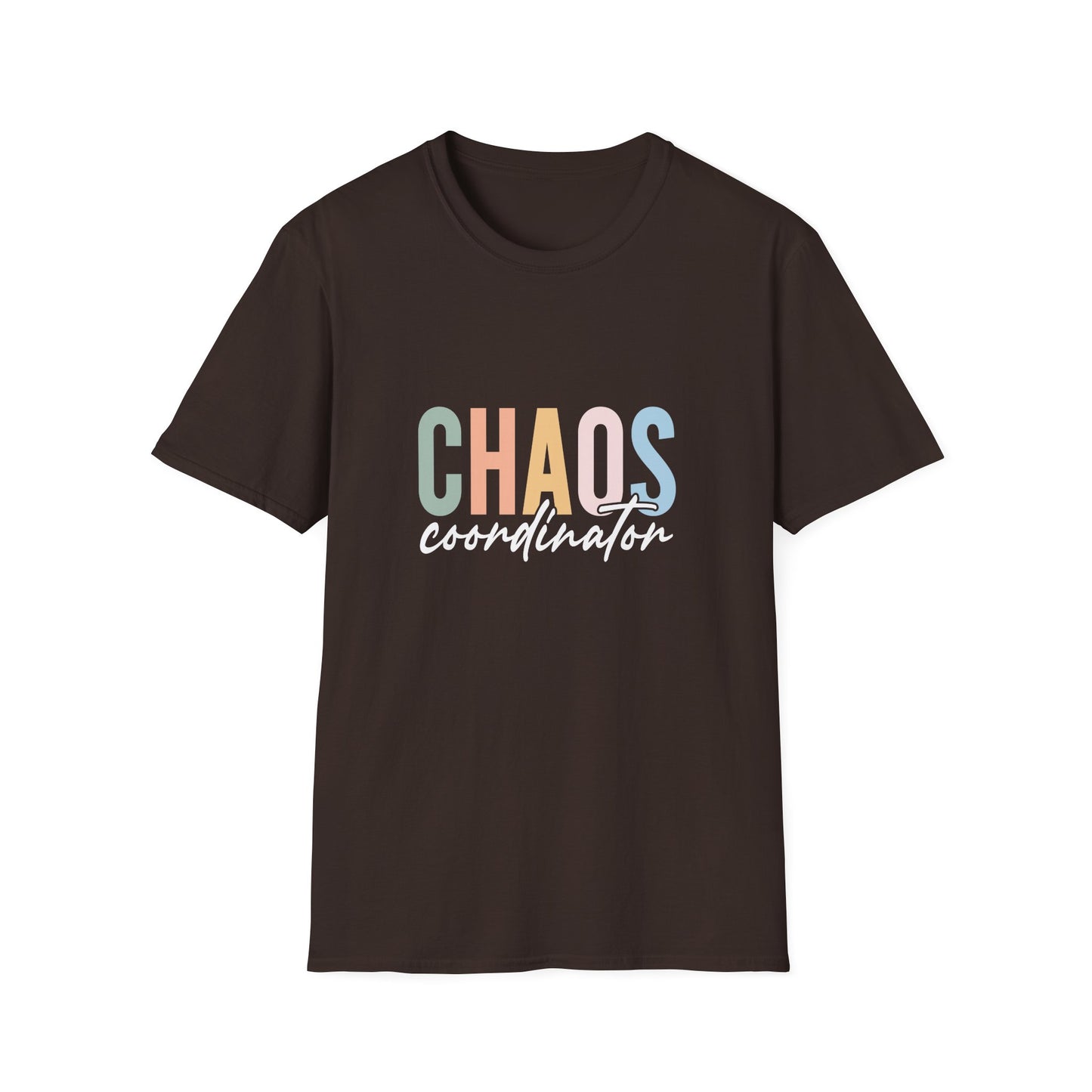 Dark Chocolate t-shirt with colorful 'CHAOS coordinator' text preliminary school teacher gift