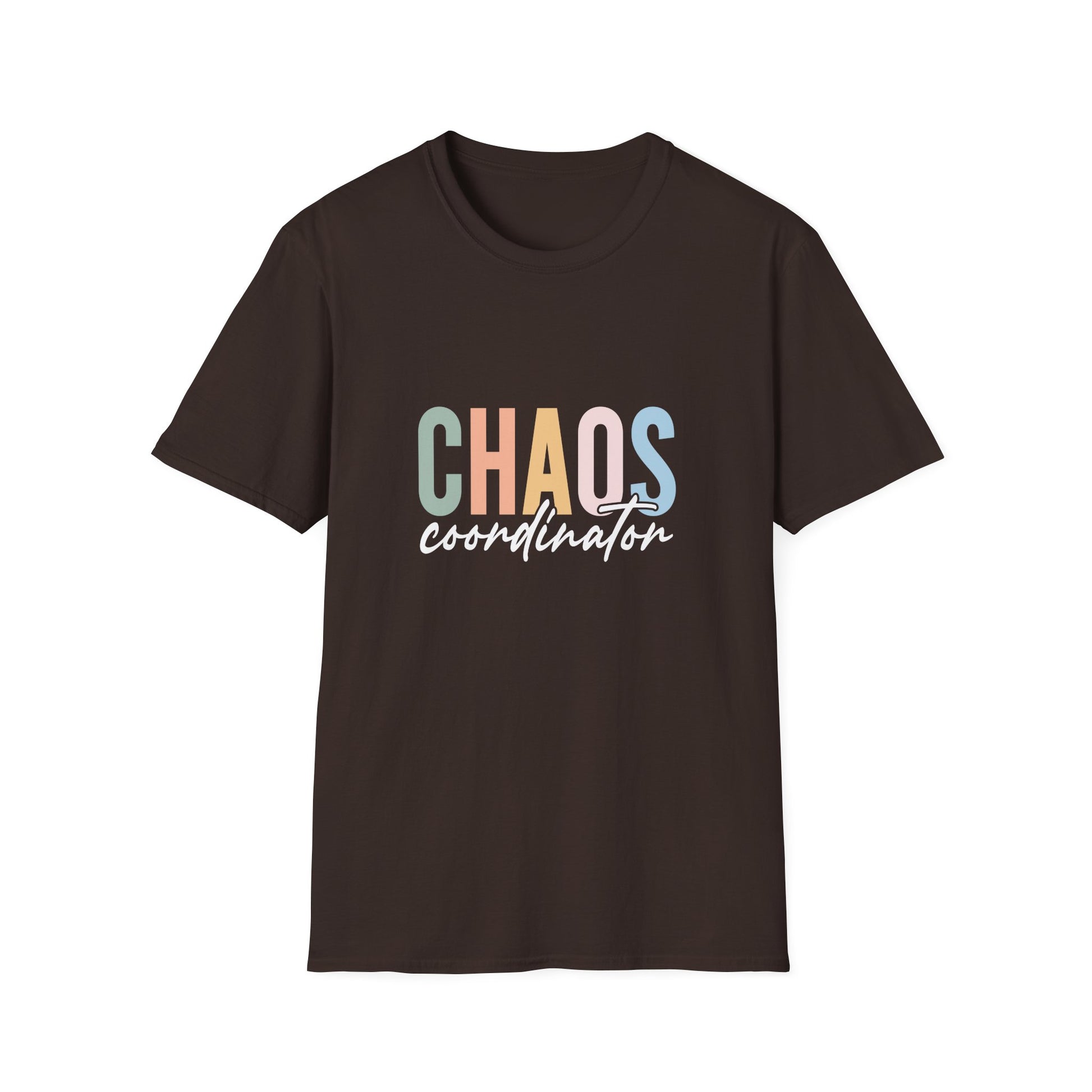 Dark Chocolate t-shirt with colorful 'CHAOS coordinator' text preliminary school teacher gift