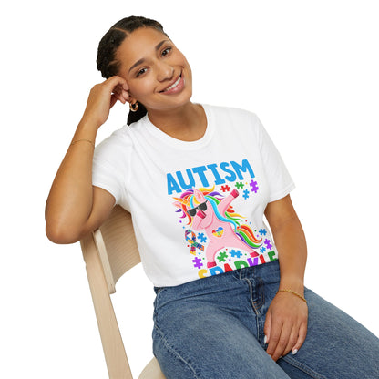White Autism Sparkle t-shirt with colorful puzzle and unicorn
