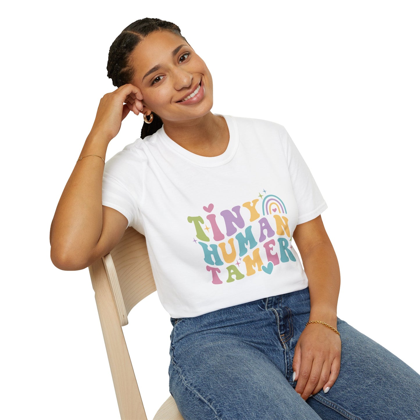 White t-shirt with text Tiny Human Tamer gift for Kindergarten teacher