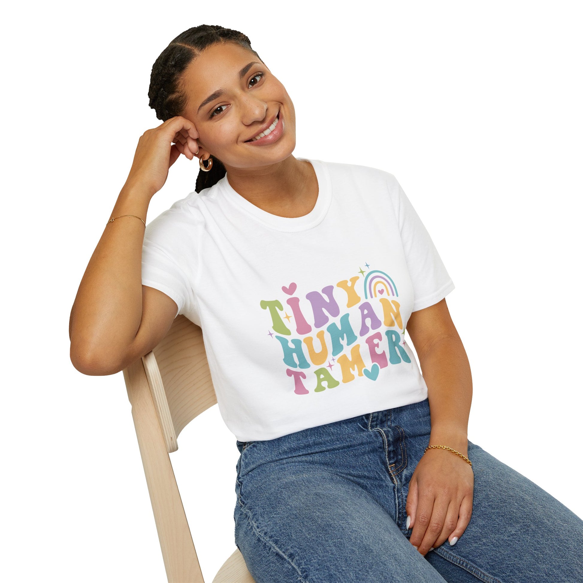 White t-shirt with text Tiny Human Tamer gift for Kindergarten teacher