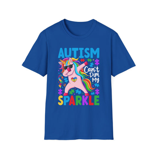 Royal Blue Autism Sparkle t-shirt with colorful puzzle and unicorn