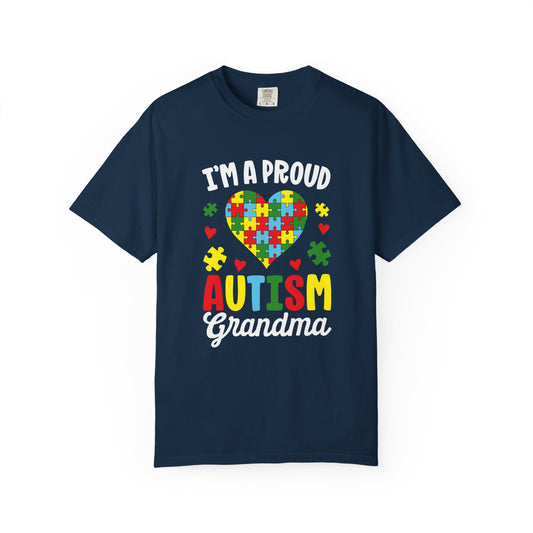 True Navy t-shirt with text I am a proud Autism Grandma and graphic of colorful puzzle heart