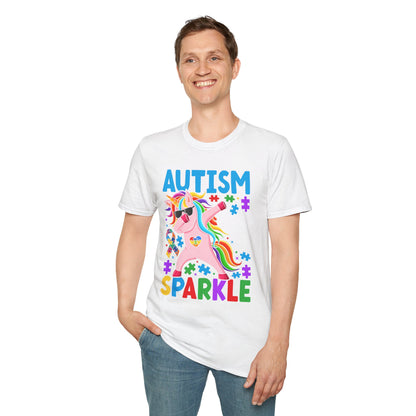 White Autism Sparkle t-shirt with colorful puzzle and unicorn