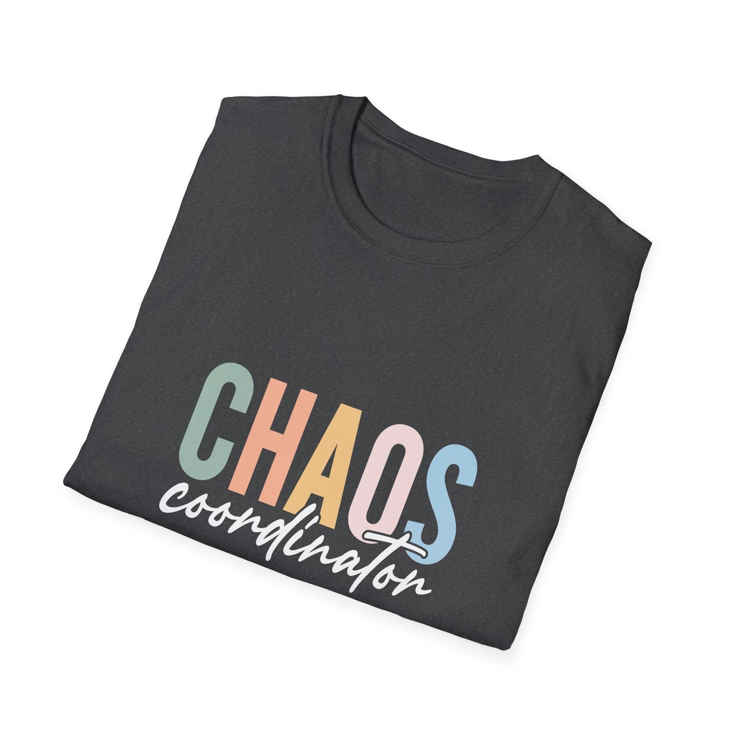 Dark Heather t-shirt with colorful 'CHAOS coordinator' text preliminary school teacher gift