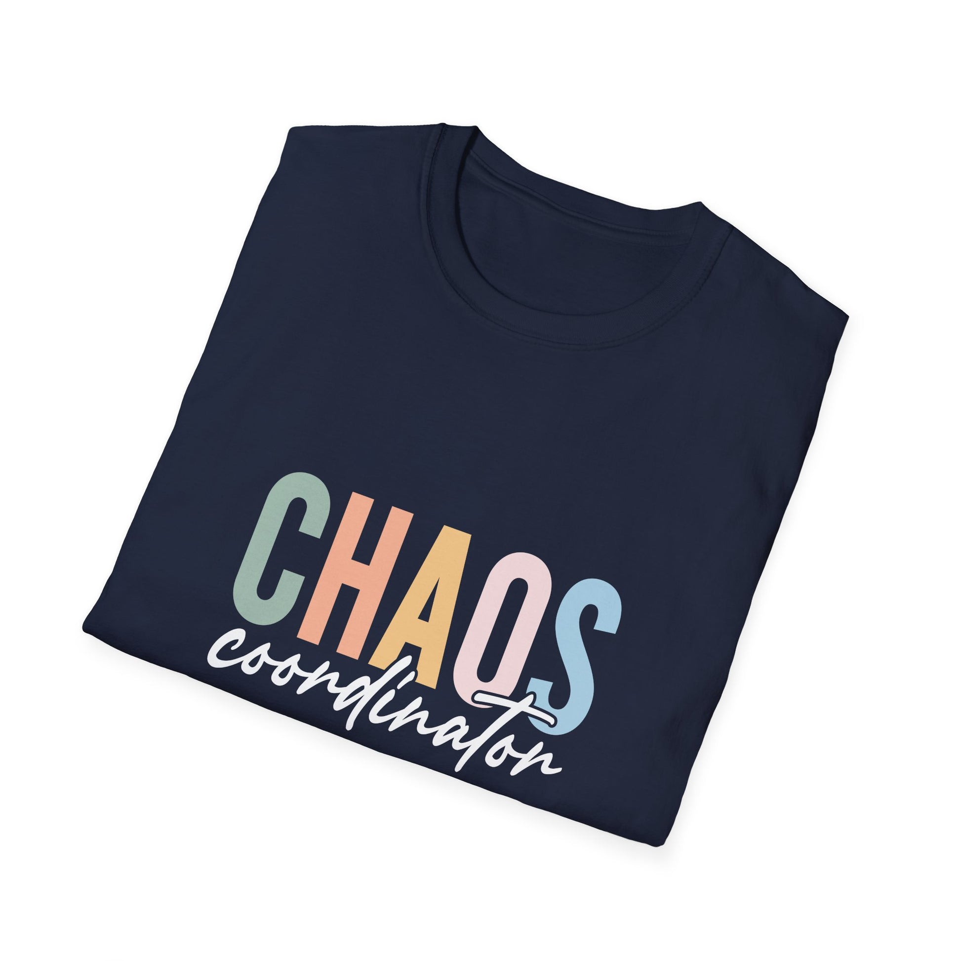 Navy t-shirt with colorful 'CHAOS coordinator' text preliminary school teacher gift