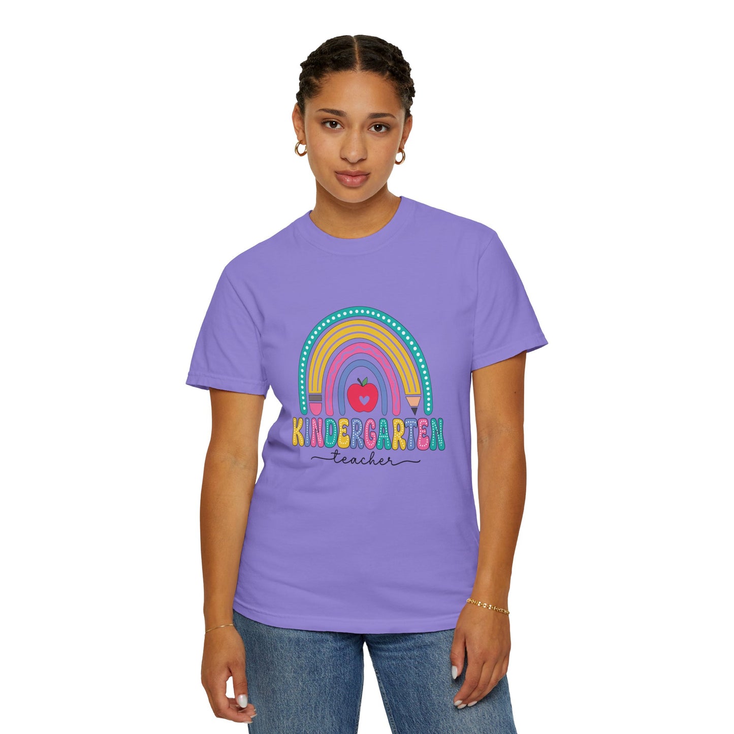 Violet t-shirt with rainbow, pencil and apple design, labeled 'Kindergarten teacher' ideal gift for teacher appreciation