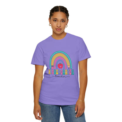 Violet t-shirt with rainbow, pencil and apple design, labeled 'Kindergarten teacher' ideal gift for teacher appreciation