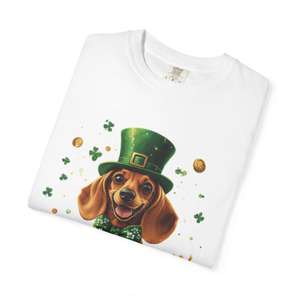 St. Patrick’s Dachshund T-Shirt — Lucky Pup with Shamrocks & Gold