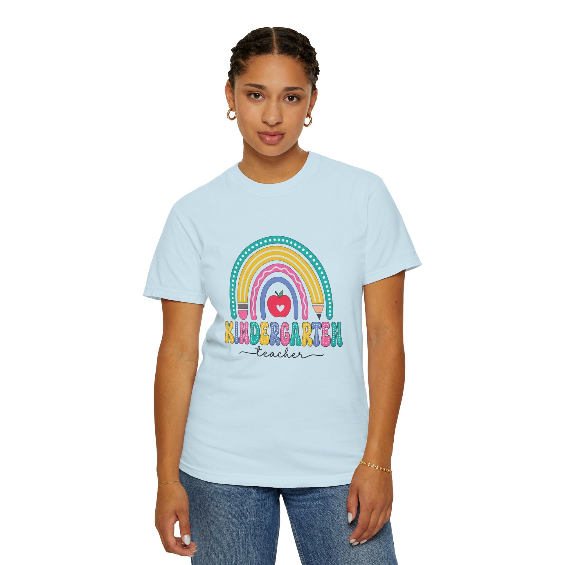 Chambray t-shirt with rainbow, pencil and apple design, labeled 'Kindergarten teacher' ideal gift for teacher appreciation
