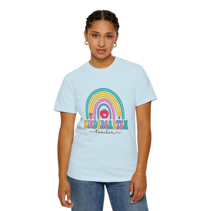 Chambray t-shirt with rainbow, pencil and apple design, labeled 'Kindergarten teacher' ideal gift for teacher appreciation